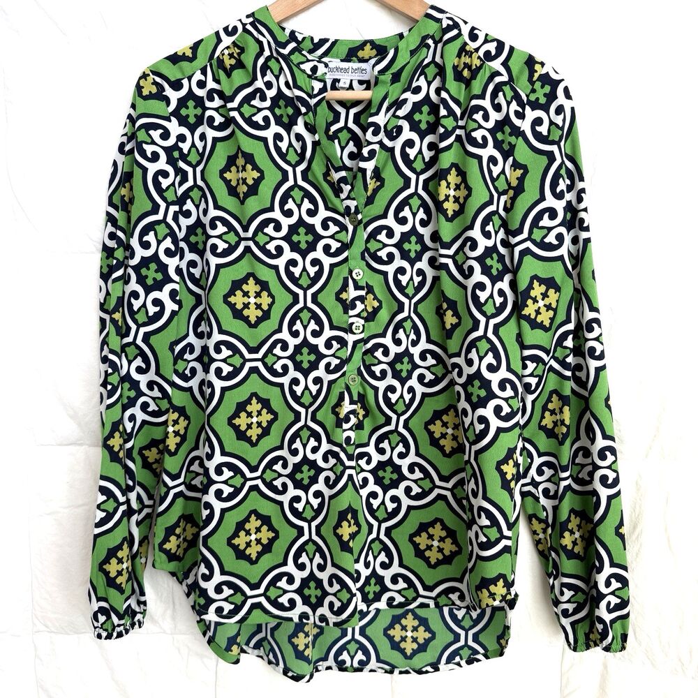 Buckhead Bettie's Peasant Blouse Green Navy Geometric Print Top Long Sleeve S